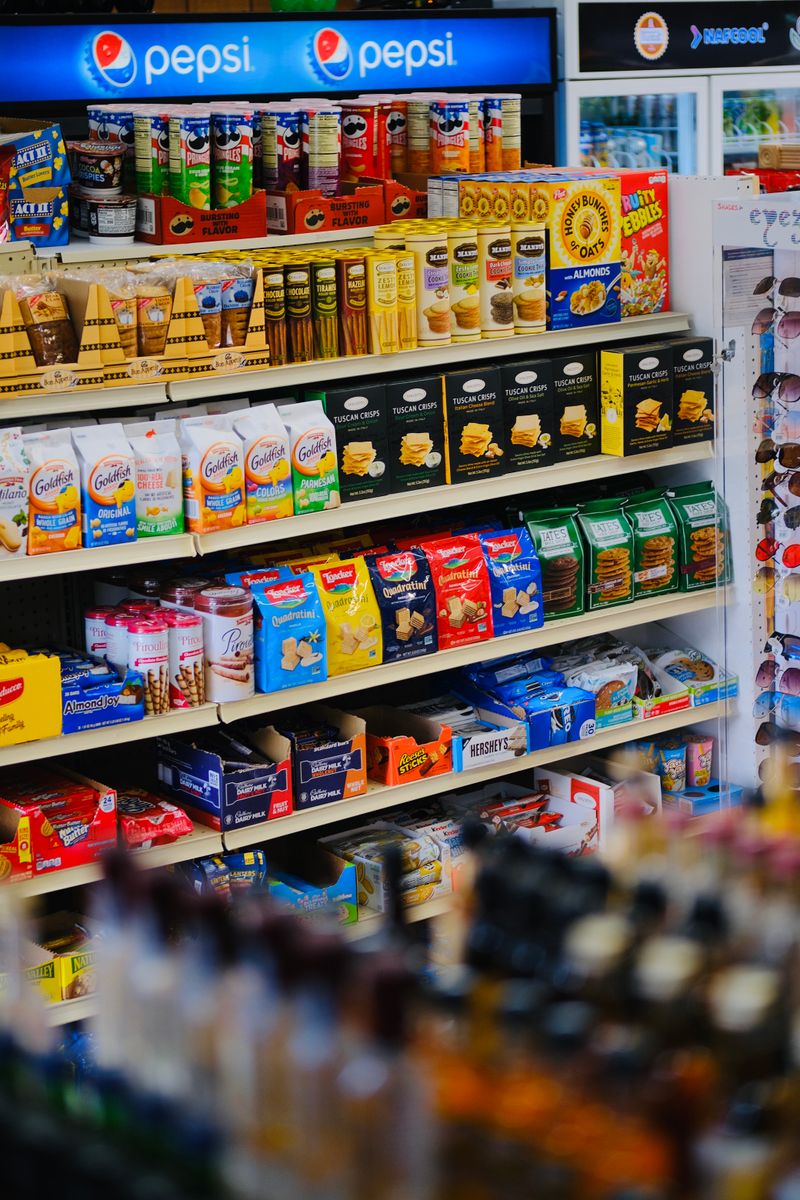 Snacks and grocery essentials on store shelves
